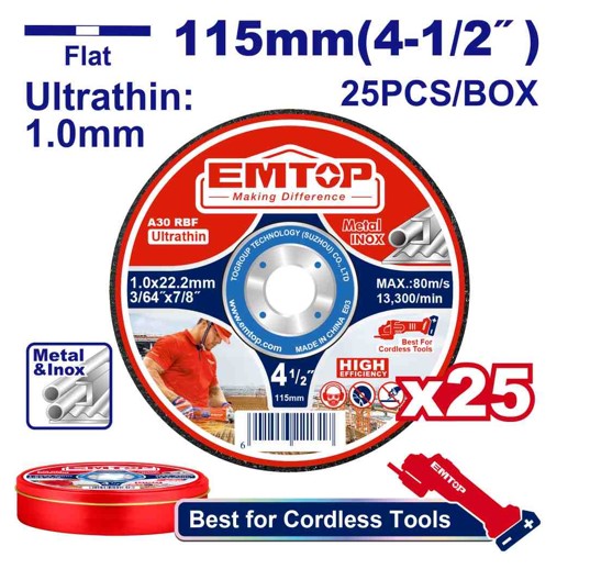 Ultra-thin 115x1.0x22.2mm Metal Cutting Disc Set 25pcs for INOX and Steel Lithium-ion Angle Grinder 13300rpm Flat Centre Discs in Metal Box